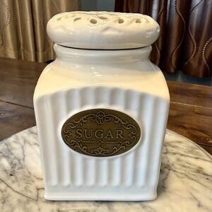THL White Ceramic SUGAR Farm Farmhouse Canister Gasket Lattice Lid Bronze Label
